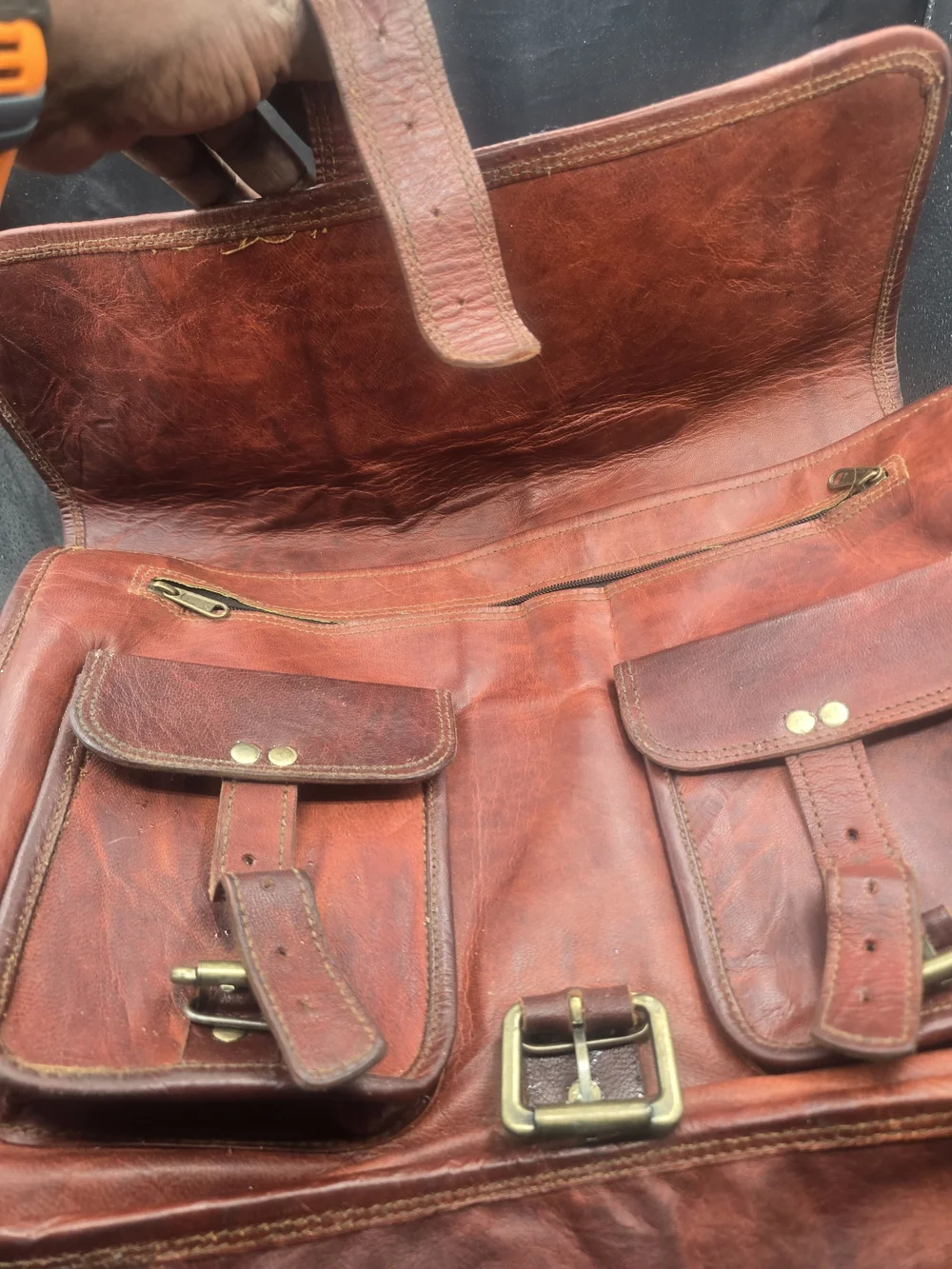 Vintage-Style Brown Leather Briefcase with Brass Hardware